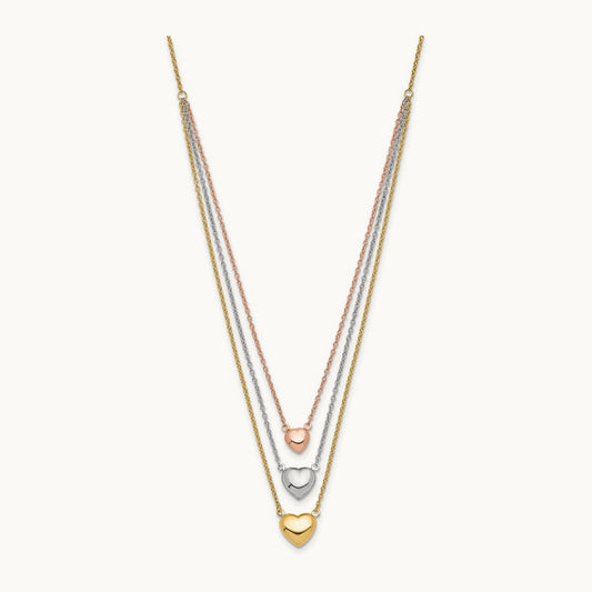 Tri-color Three Heart w/ 1in ext. Necklace, 14K