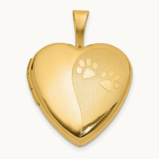 Textured and Polished Paw Prints Heart Locket, 16mm, 14K