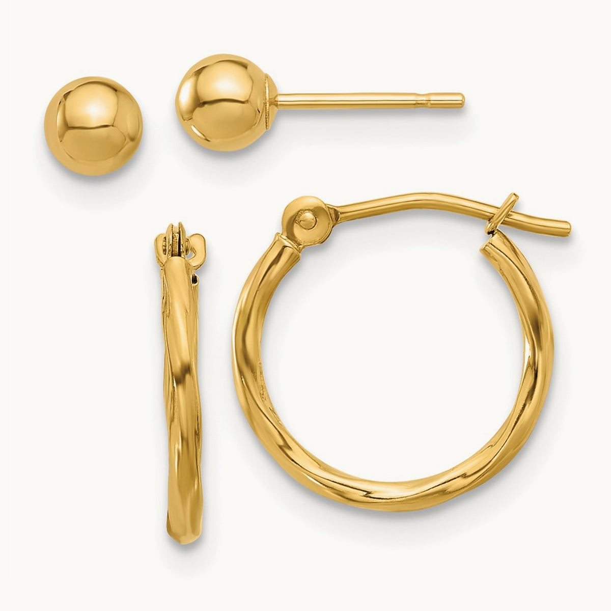 Polished Ball and Twisted Hoop Earring Set, 4mm, 14K