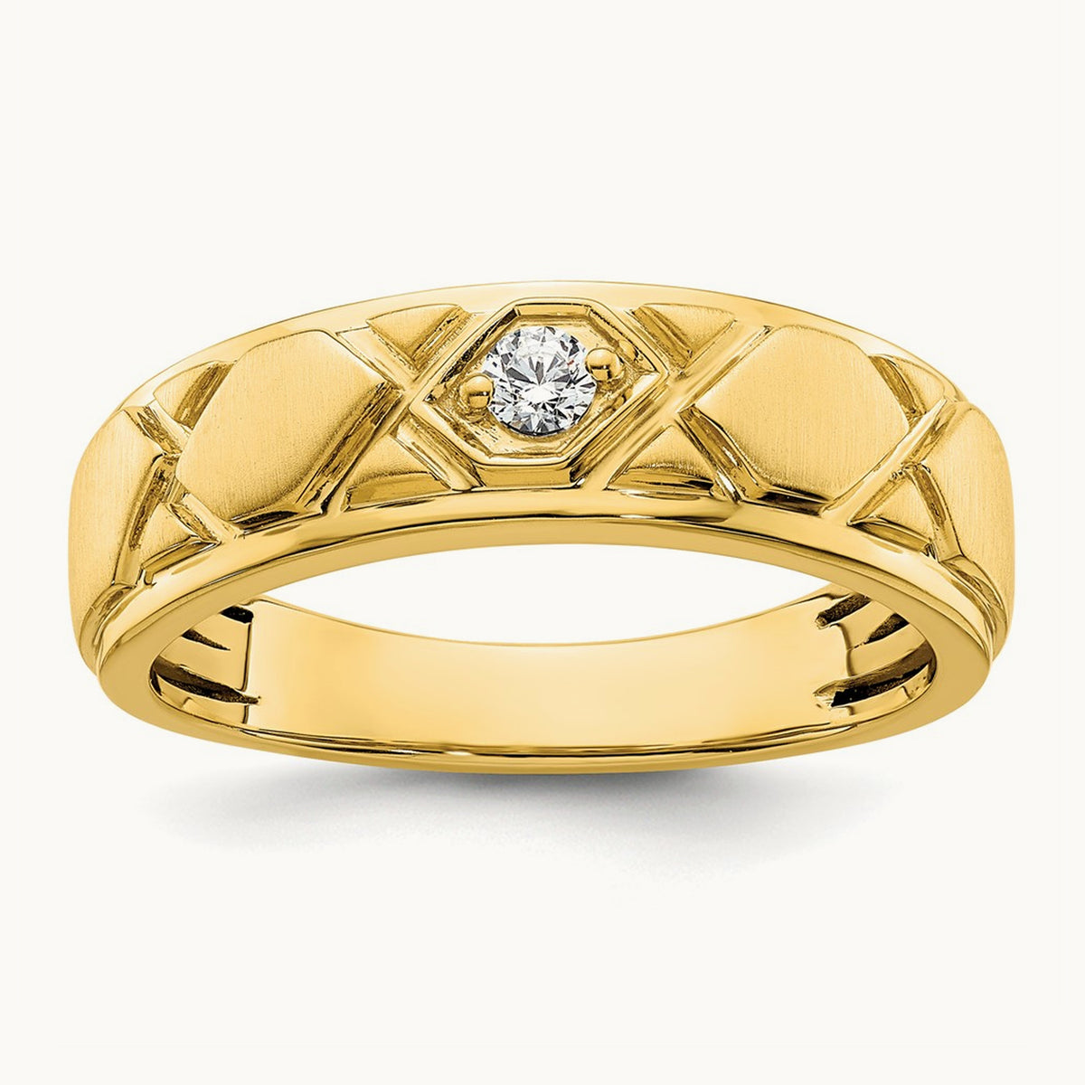 Grooved Complete Diamond Mens Wedding Band, 14K