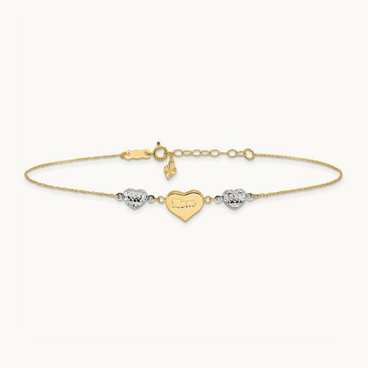 Diamond-cut Puffed Hearts MOM 10in Plus 1in ext Anklet, 14K Two-tone