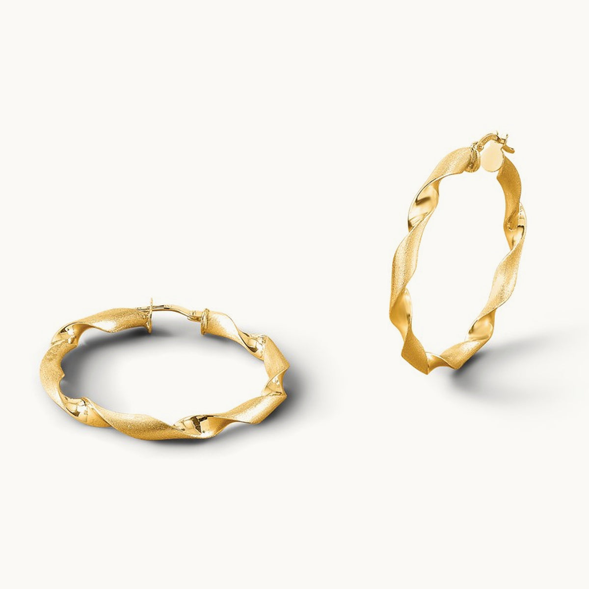 Polished and Brushed Twisted Hoop Earrings — 14K Yellow Gold, 39mm