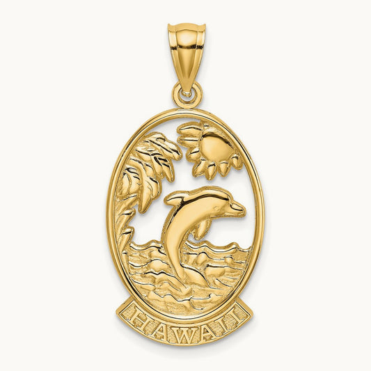 HAWAII w/ Dolphins in Waves Charm, 14K