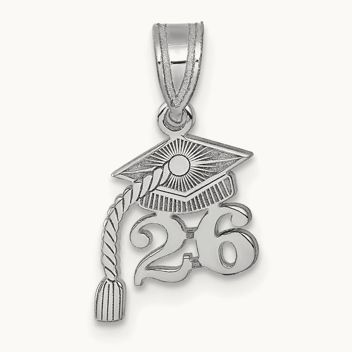 Graduation Cap 26 with Dangling Tassel Charm — 14K White Gold