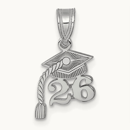 Graduation Cap 26 with Dangling Tassel Charm — 14K White Gold