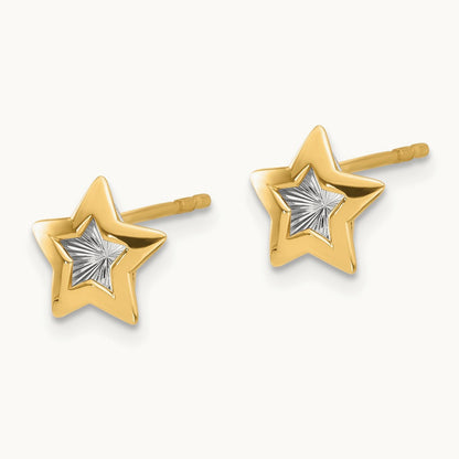 Polished and Textured Star Post Earrings, 14K with Rhodium