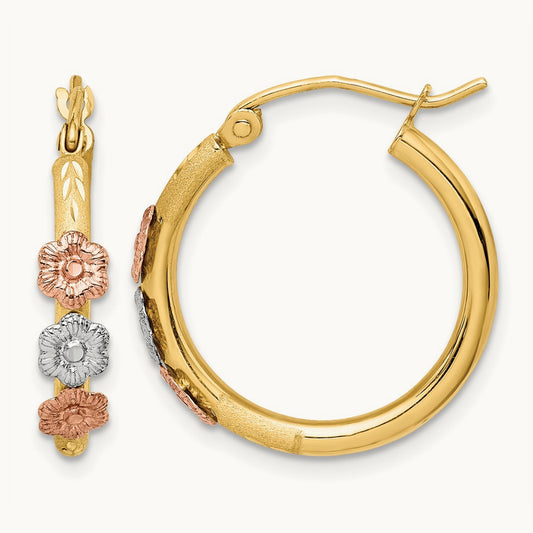 Polished & Satin Tri-color Flower Hoop Earrings, 14K