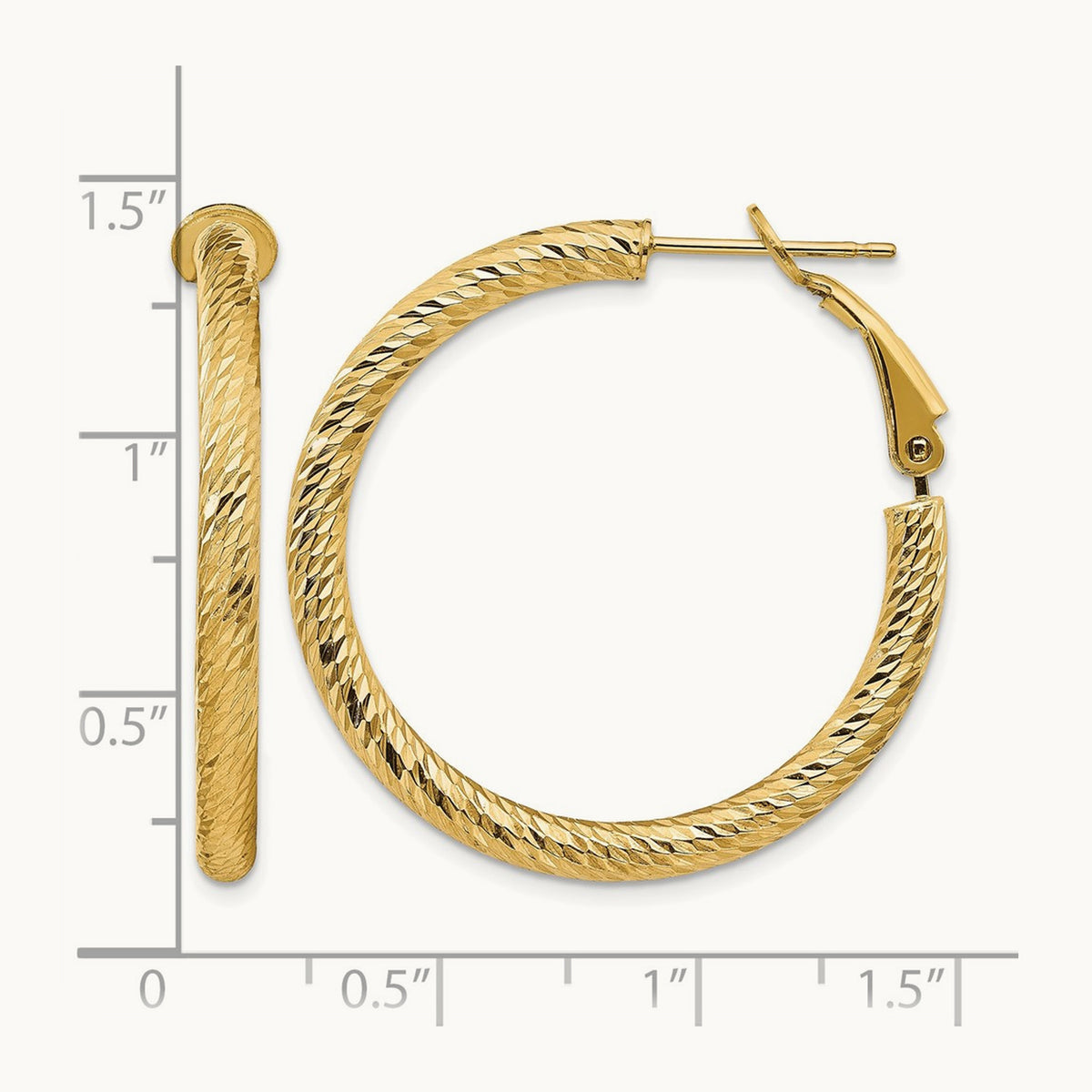 Diamond-cut Round Omega Back Hoop Earrings — 14K Yellow Gold, 3x32mm