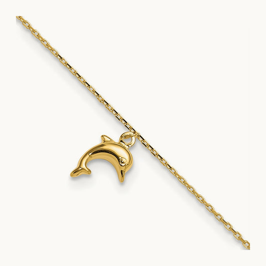Dolphin Charm 9in with 1in Extension Anklet, 14K