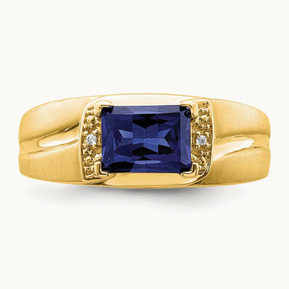Emerald-cut Created Sapphire and Diamond Mens Ring, 14K