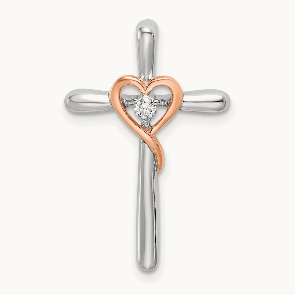 & Rose Cross w/Heart Diamond Chain Slide, 14K Two-tone White