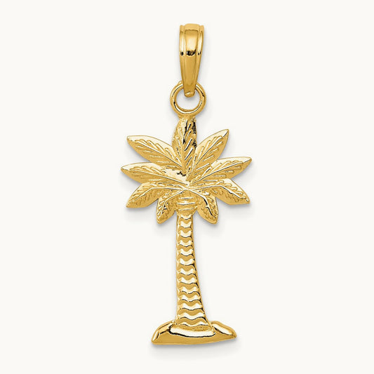 Polished and Textured 2-D Palmetto Palm Tree Pendant, 14K Gold