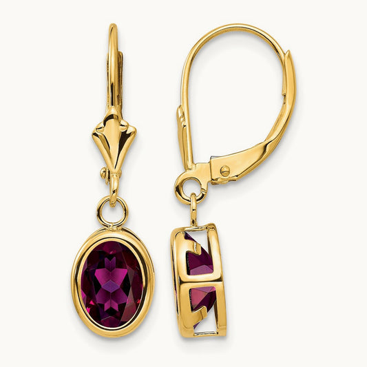 8x6mm Oval Rhodolite Garnet Leverback Earrings, 14K