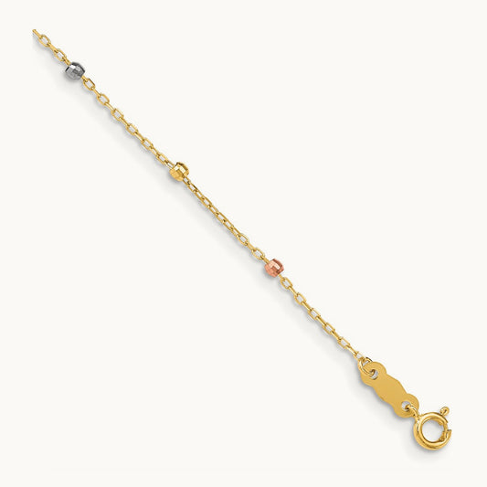 Tri Colored Gold Diamond Cut Beaded Cross W/1 IN Ext Bracelet, 14K