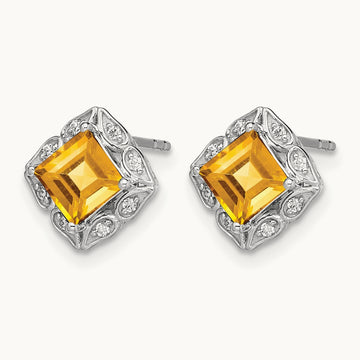 Square Citrine and Diamond Earrings — 14K White Gold, 8.25mm