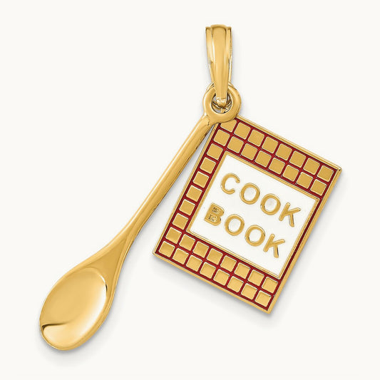 W/Enamel 3-D Cook Book and Spoon Charm, 14K