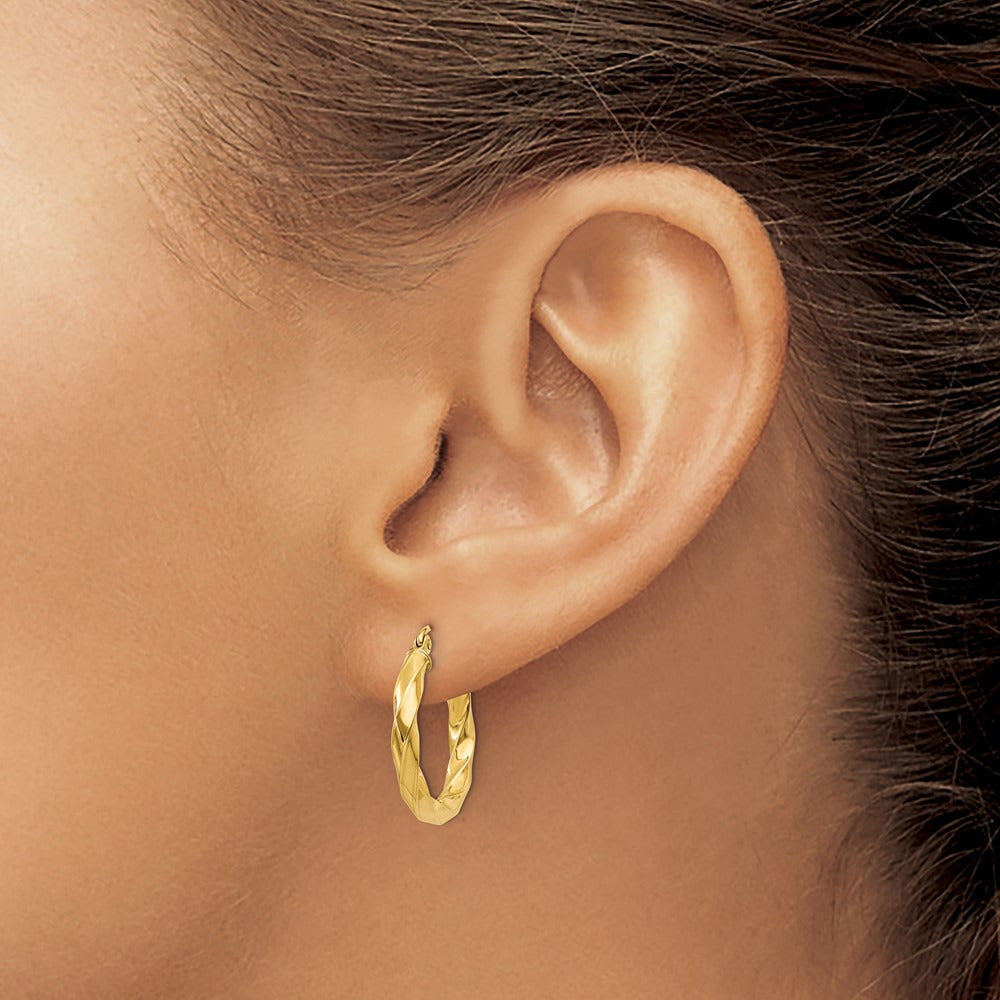 Square Tube Twisted Hoop Earrings — 14K Yellow Gold, 20mm, 3mm