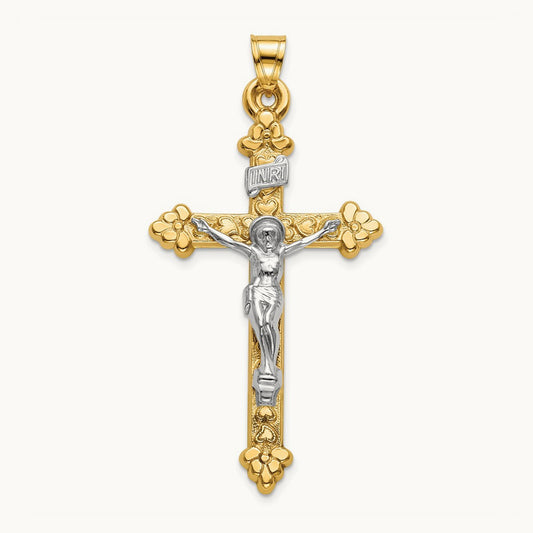 Polished Hollow INRI Budded Crucifix Pendant, 14K Two-tone