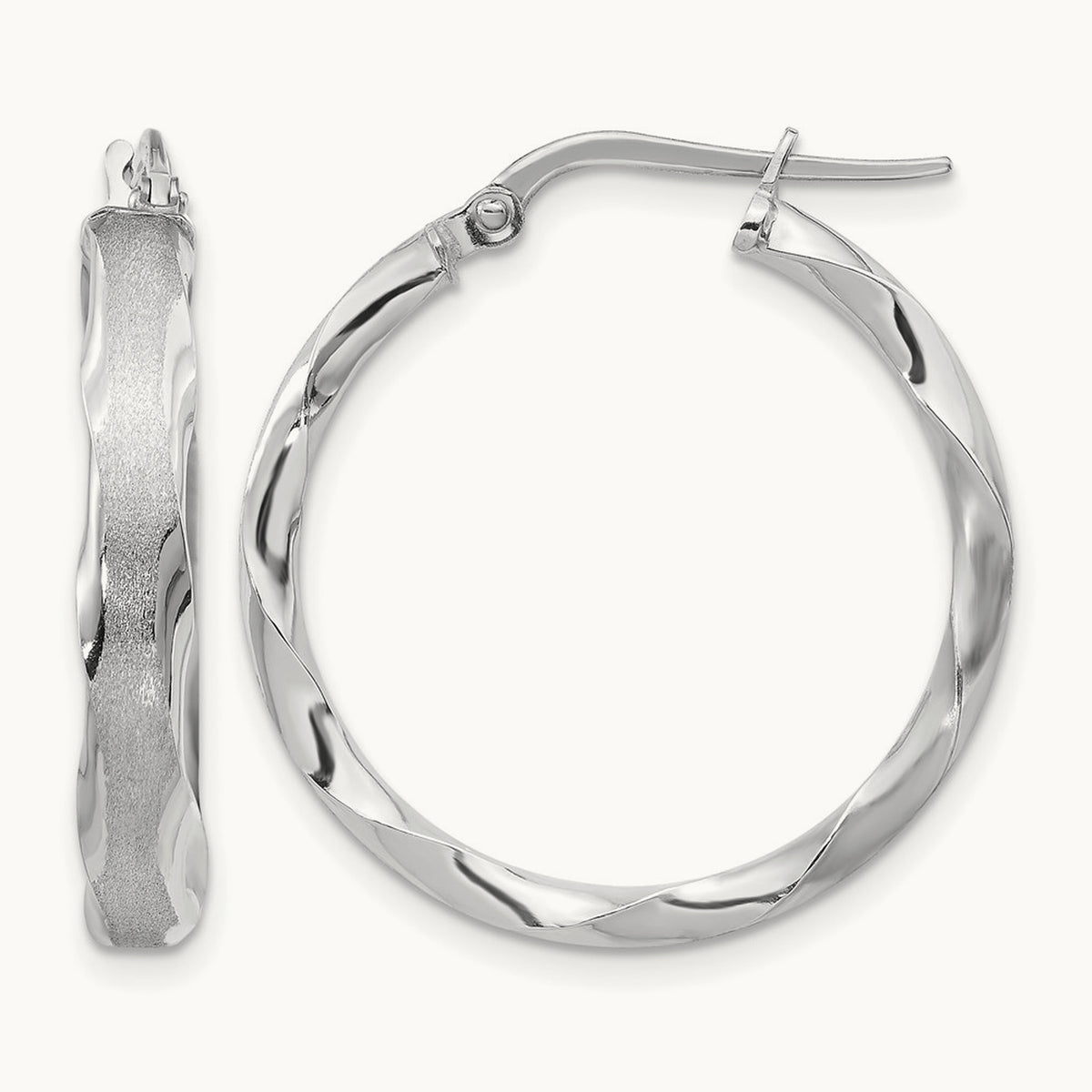 Satin and Polished Scalloped Edge Hoop Earrings — 14K White Gold