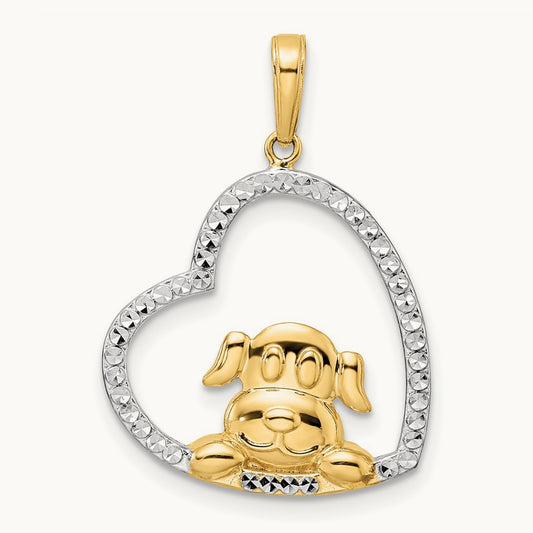 & White Rhodium D/C Puppy in Heart Pendant, 14K