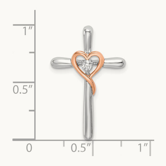 & Rose Cross w/Heart Diamond Chain Slide, 14K Two-tone White