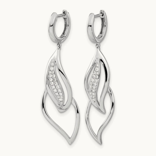 Diamond Hinged Hoop Leaf Design Dangle Earrings, 14K White Gold