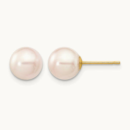 7- Round White Saltwater Akoya Cultured Pearl Stud Post Earrings, 8mm, 14K