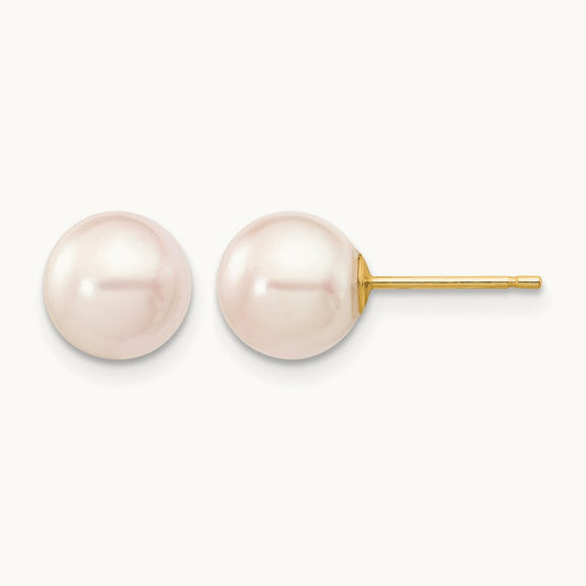 7- Round White Saltwater Akoya Cultured Pearl Stud Post Earrings, 8mm, 14K