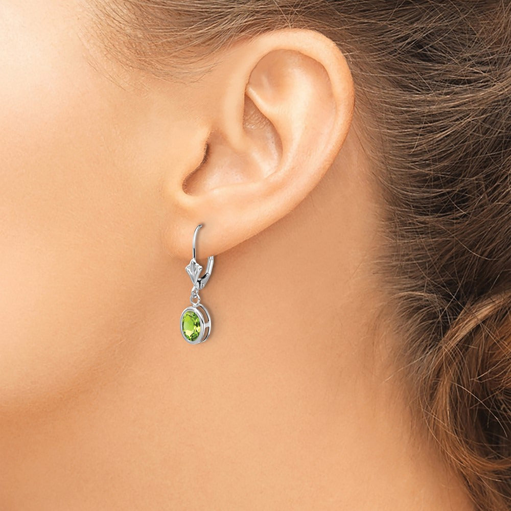 Oval Peridot Leverback Earrings — 14K White Gold, 26mm, 7x5mm