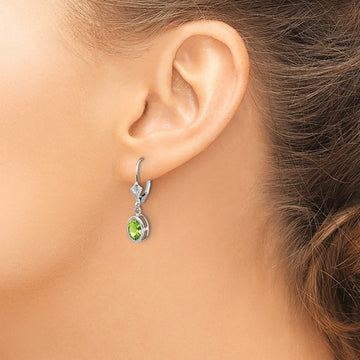 Oval Peridot Leverback Earrings — 14K White Gold, 26mm, 7x5mm