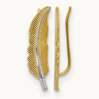 w/Rhodium Polished Feather Ear Climber Earrings, 14K — Leslie's