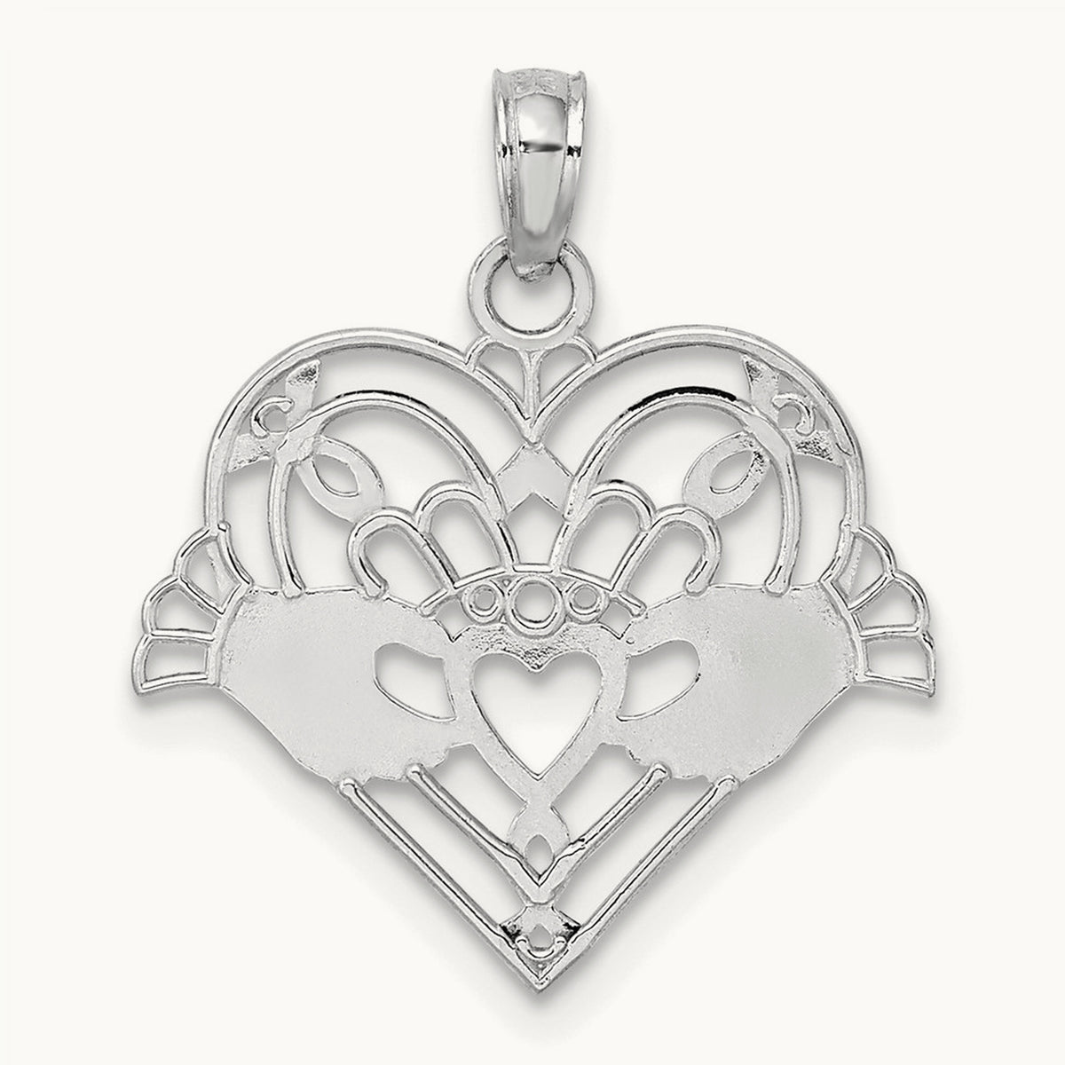 Polished and Beaded Claddagh In Heart Charm — 14K White Gold
