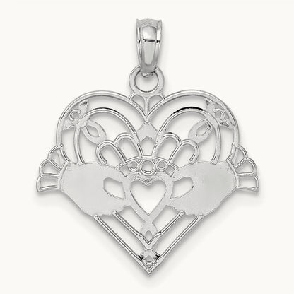 Polished and Beaded Claddagh In Heart Charm — 14K White Gold