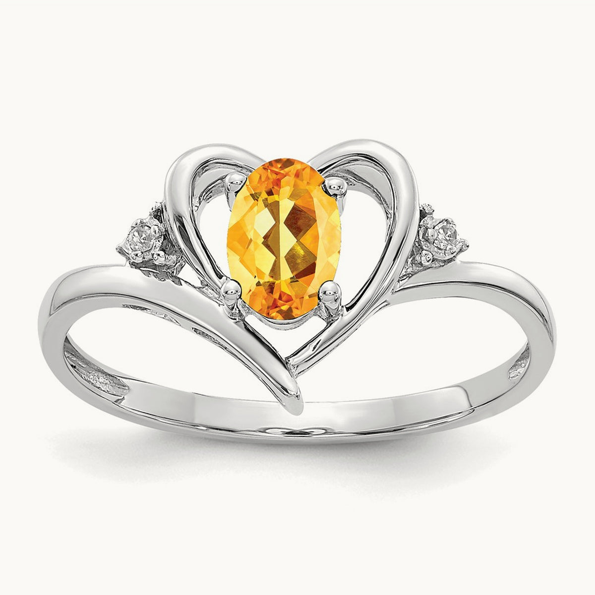 Citrine and Diamond Heart Ring — 14K White Gold, 7