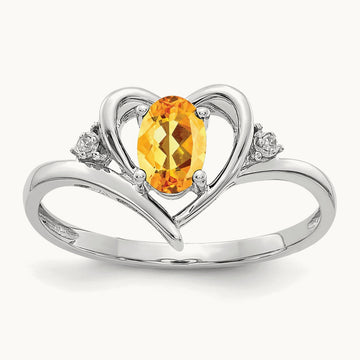 Citrine and Diamond Heart Ring — 14K White Gold, 7