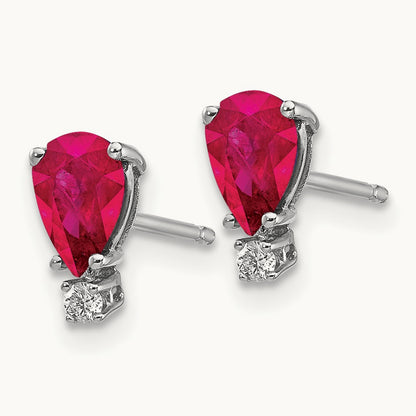 6x4mm Pear Ruby A Diamond Earrings, 14K White Gold