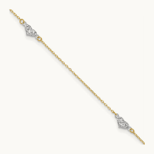 Polished D/C Triple Hearts 9in w/1in. Ext. Anklet, 14K Two-tone