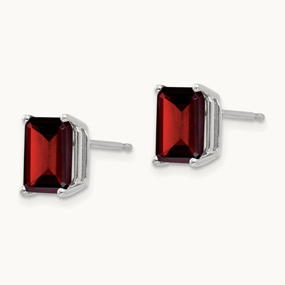8x6mm Emerald Cut Garnet earring, 14K White Gold