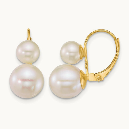 6- Round White Freshwater Cultured 2 Pearl Earrings, 9mm, 14K