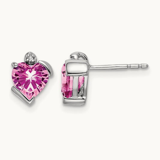 Created Pink Sapphire and Diamond Heart Earrings, 14K White Gold