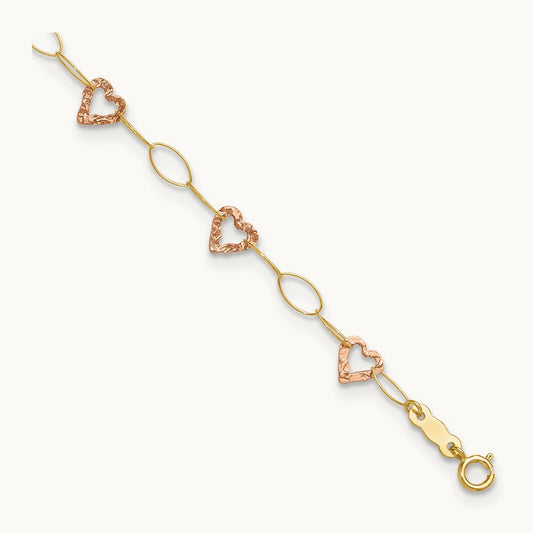Adjustable Heart 9in Plus 1in extension Anklet, 14K Two-tone
