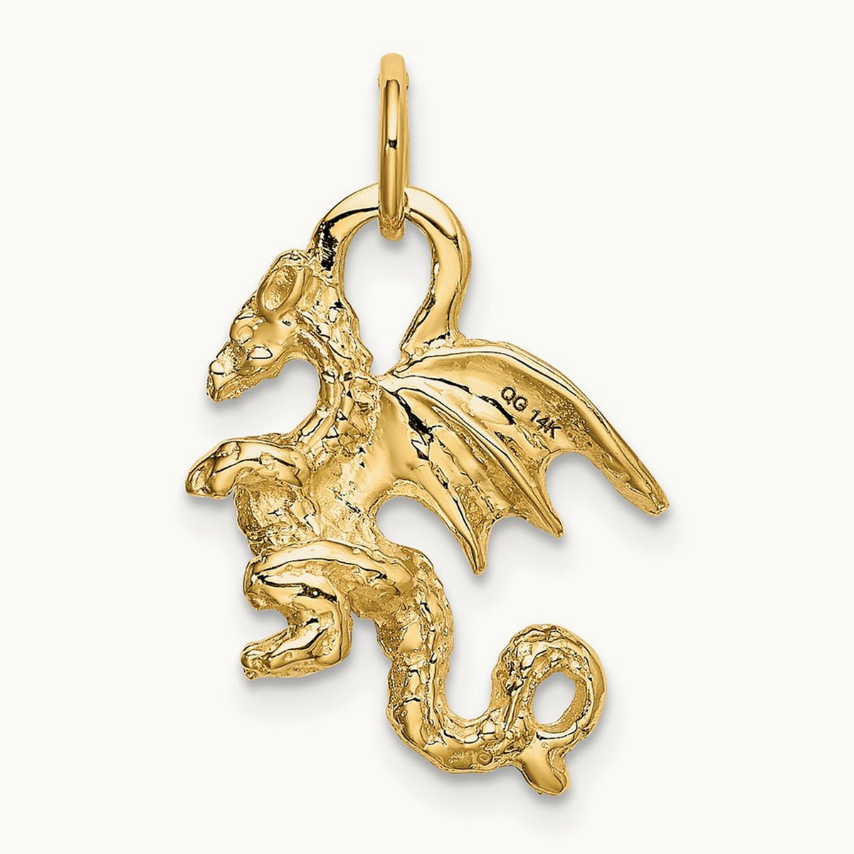 Solid Polished 3-D Dragon Charm — 14K Yellow Gold