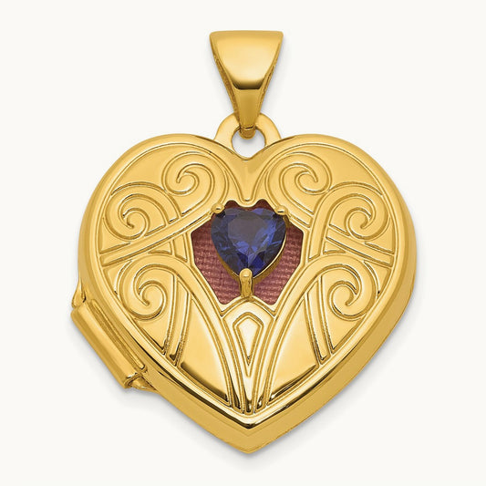 Polish Lab Created Sapphire September Birthstone Heart Locket, 18mm, 14K