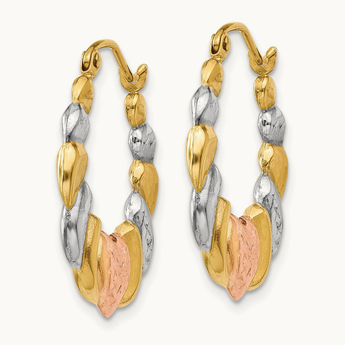 & White and Rose Rhodium Scalloped Heart Hoop Earrings, 14K