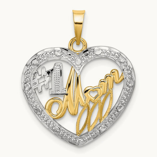 w/ Rhodium Textured #1 MOM In Heart Charm, 14K