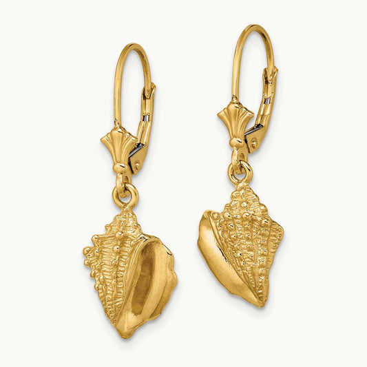 Conch Shell Leverback Earrings, 14K