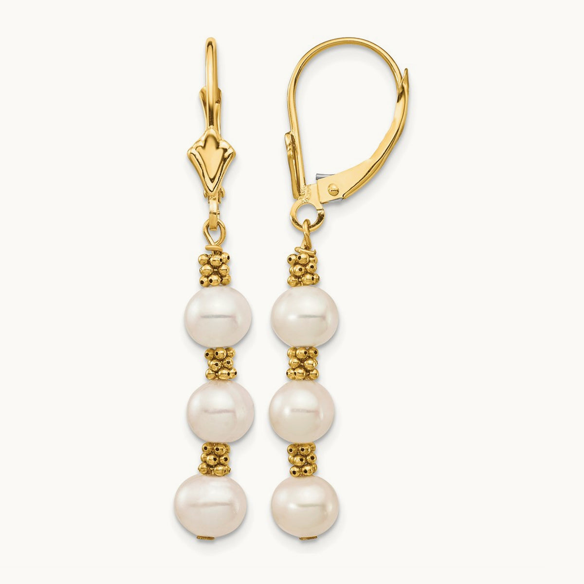 5- White Semi-round Freshwater Cultured Pearl Leverback Earrings, 14K