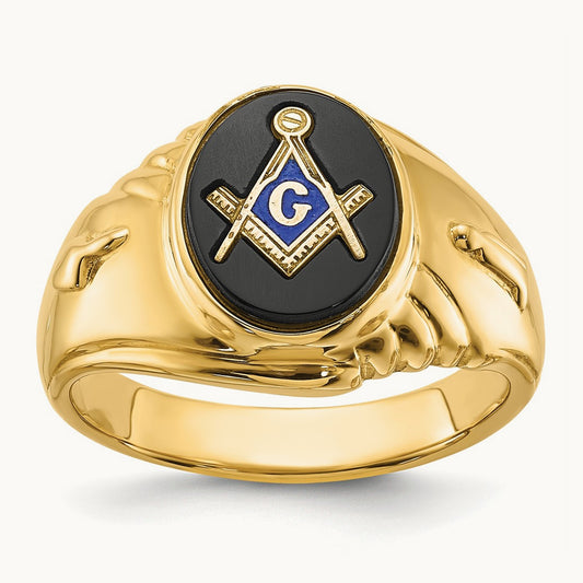 Men's Polished and Textured with Oval Onyx Masonic Ring, 14K