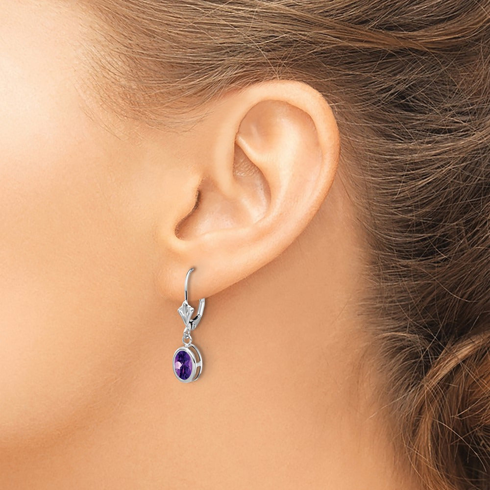 Oval Amethyst Leverback Earrings — 14K White Gold, 26mm, 7x5mm