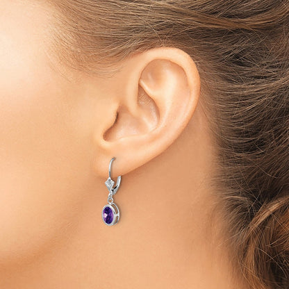 Oval Amethyst Leverback Earrings — 14K White Gold, 26mm, 7x5mm